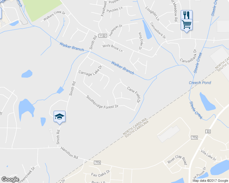 map of restaurants, bars, coffee shops, grocery stores, and more near 14915 Rolling Sky Drive in Charlotte