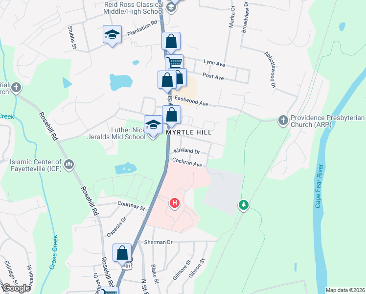 map of restaurants, bars, coffee shops, grocery stores, and more near 117 Kirkland Drive in Fayetteville