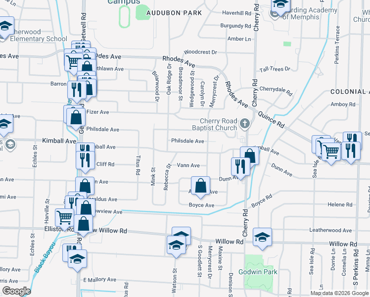map of restaurants, bars, coffee shops, grocery stores, and more near 4198 Kimball Ave in Memphis