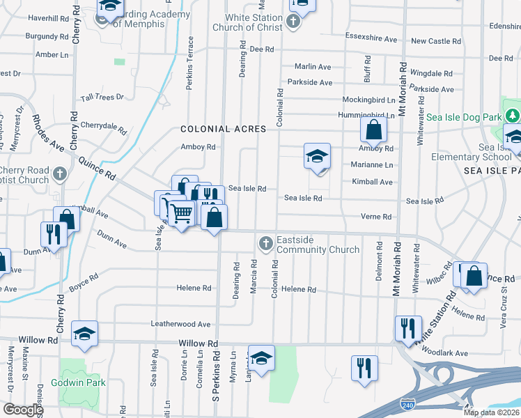 map of restaurants, bars, coffee shops, grocery stores, and more near 1433 Colonial Road in Memphis