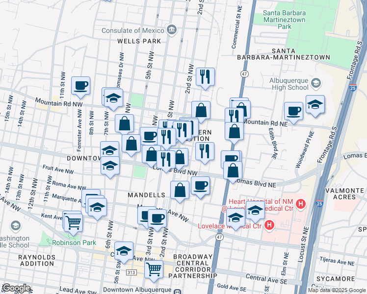 map of restaurants, bars, coffee shops, grocery stores, and more near 100-198 Marble Avenue Northwest in Albuquerque