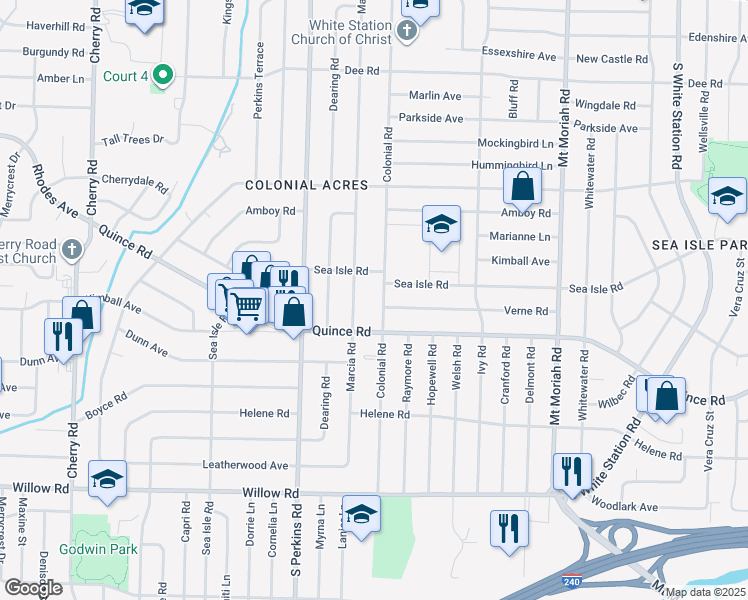map of restaurants, bars, coffee shops, grocery stores, and more near 1433 Colonial Road in Memphis