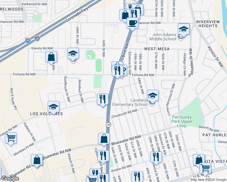 map of restaurants, bars, coffee shops, grocery stores, and more near 564 Coors Boulevard Northwest in Albuquerque