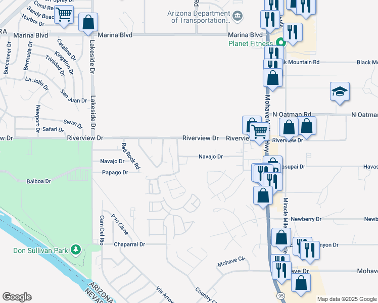 map of restaurants, bars, coffee shops, grocery stores, and more near 1225 Navajo Drive in Bullhead City