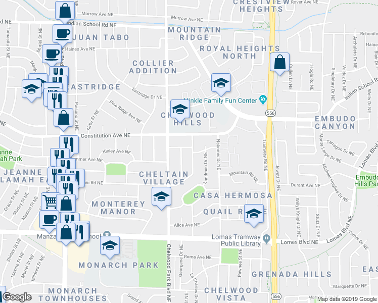 map of restaurants, bars, coffee shops, grocery stores, and more near 1221 La Charles Drive Northeast in Albuquerque