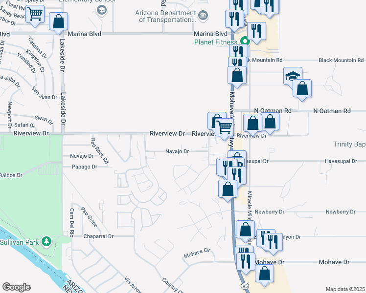 map of restaurants, bars, coffee shops, grocery stores, and more near 1325 Navajo Drive in Bullhead City