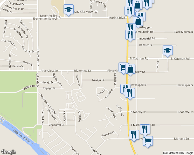 map of restaurants, bars, coffee shops, grocery stores, and more near 1295 Navajo Drive in Bullhead City