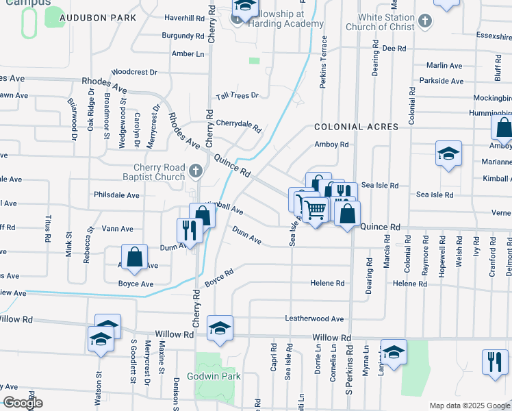 map of restaurants, bars, coffee shops, grocery stores, and more near 4475 Garnett Road in Memphis