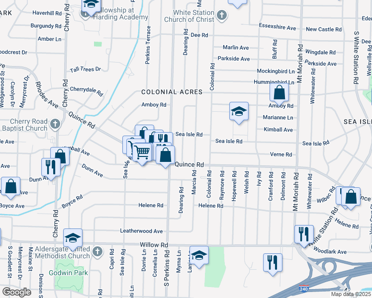 map of restaurants, bars, coffee shops, grocery stores, and more near 1434 Dearing Road in Memphis