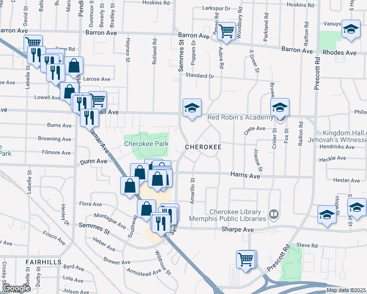 map of restaurants, bars, coffee shops, grocery stores, and more near 1439 Semmes Street in Memphis
