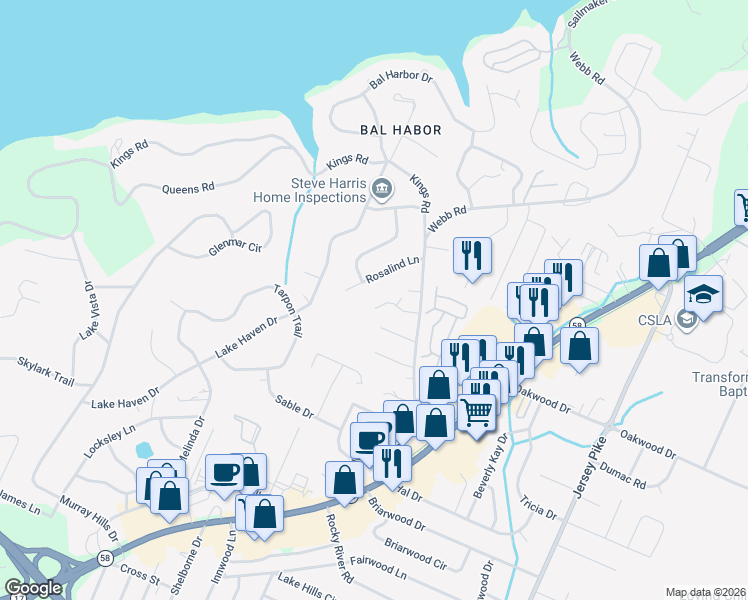 map of restaurants, bars, coffee shops, grocery stores, and more near 3903 Merrywood Lane in Chattanooga