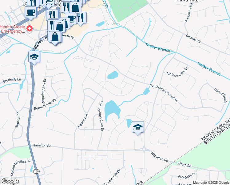 map of restaurants, bars, coffee shops, grocery stores, and more near 16028 Harbor Hill Drive in Charlotte
