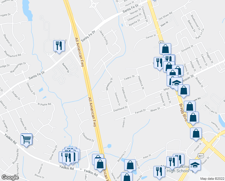 map of restaurants, bars, coffee shops, grocery stores, and more near 2012 Wheeling Street in Fayetteville