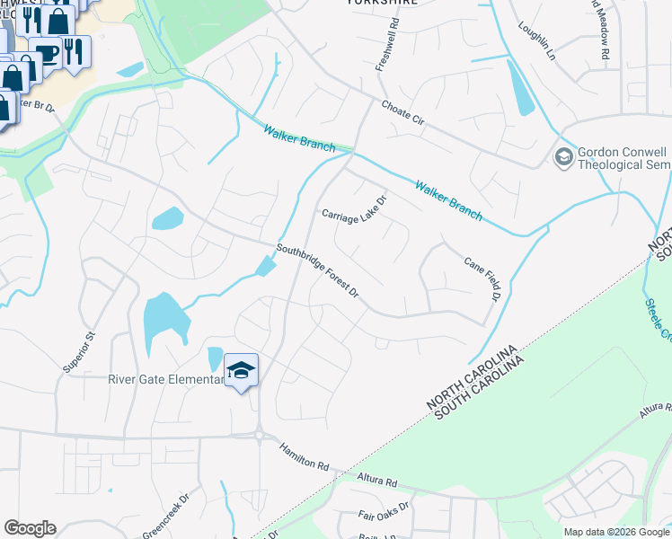 map of restaurants, bars, coffee shops, grocery stores, and more near 14037 Southbridge Forest Drive in Charlotte