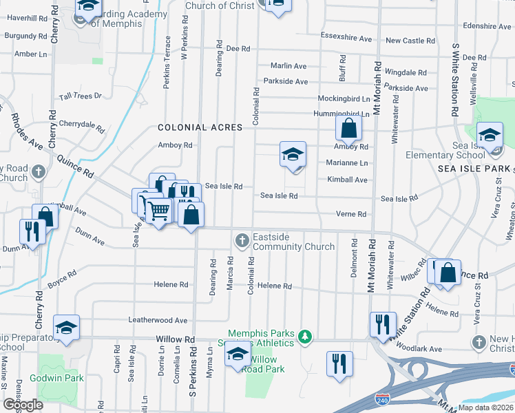 map of restaurants, bars, coffee shops, grocery stores, and more near 4782 Verne Road in Memphis