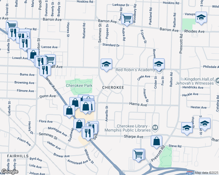 map of restaurants, bars, coffee shops, grocery stores, and more near 3092 Beaumont Avenue in Memphis
