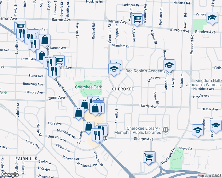 map of restaurants, bars, coffee shops, grocery stores, and more near 1439 Semmes Street in Memphis
