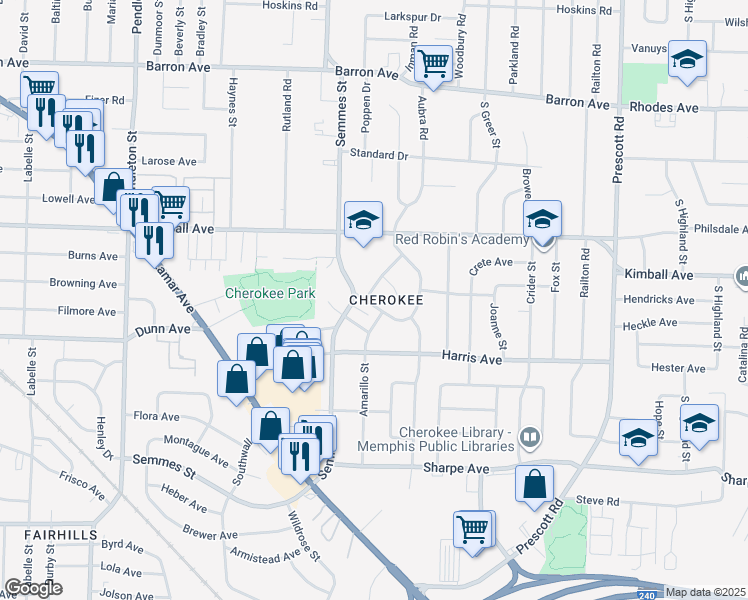 map of restaurants, bars, coffee shops, grocery stores, and more near 3092 Beaumont Avenue in Memphis
