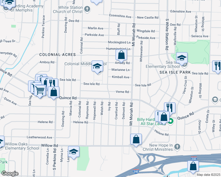 map of restaurants, bars, coffee shops, grocery stores, and more near 1434 Ivy Road in Memphis