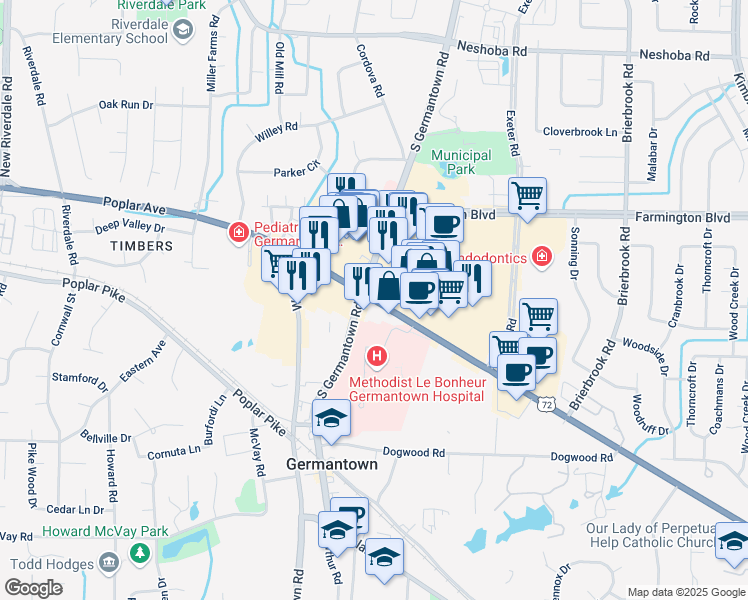 map of restaurants, bars, coffee shops, grocery stores, and more near 7645 Poplar Avenue in Germantown