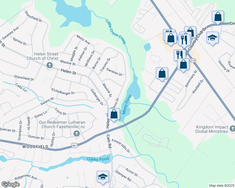 map of restaurants, bars, coffee shops, grocery stores, and more near 1712 Boros Drive in Fayetteville
