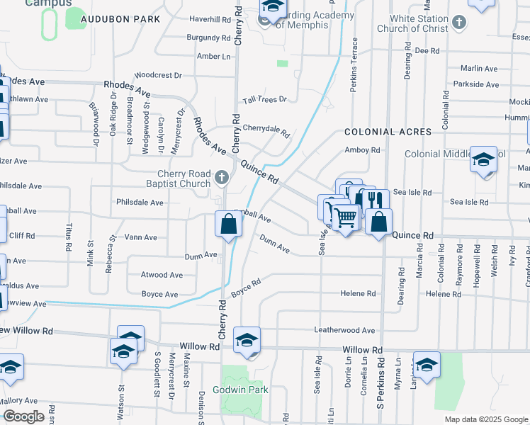 map of restaurants, bars, coffee shops, grocery stores, and more near 1434 Flamingo Road in Memphis