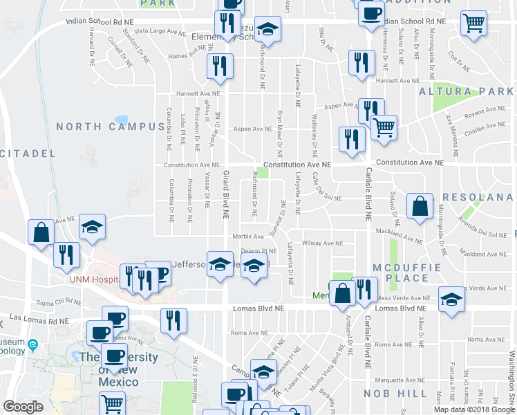 map of restaurants, bars, coffee shops, grocery stores, and more near 1008 Richmond Drive Northeast in Albuquerque