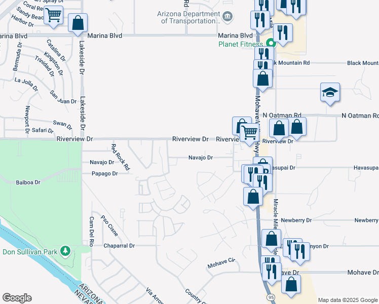 map of restaurants, bars, coffee shops, grocery stores, and more near 1225 Navajo Drive in Bullhead City
