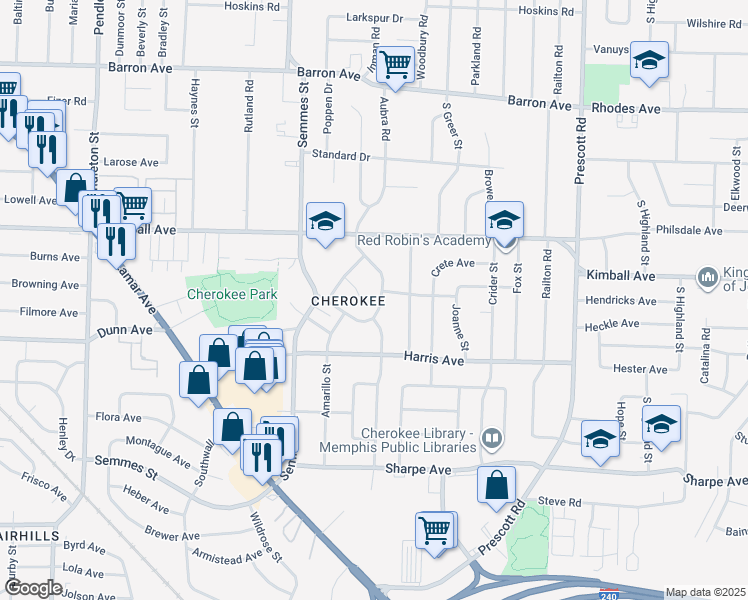 map of restaurants, bars, coffee shops, grocery stores, and more near 1431 Alamo Street in Memphis