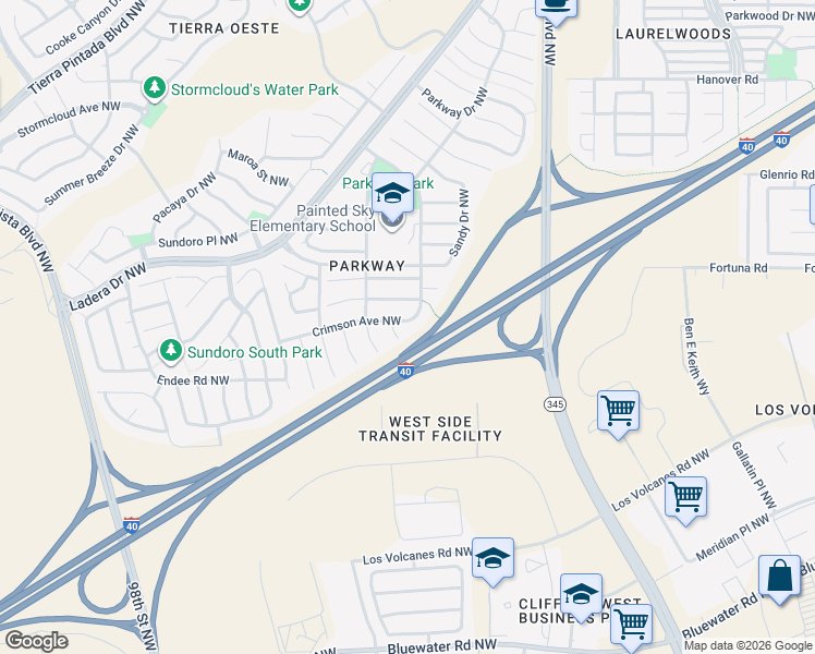 map of restaurants, bars, coffee shops, grocery stores, and more near 8106 Crimson Avenue Northwest in Albuquerque