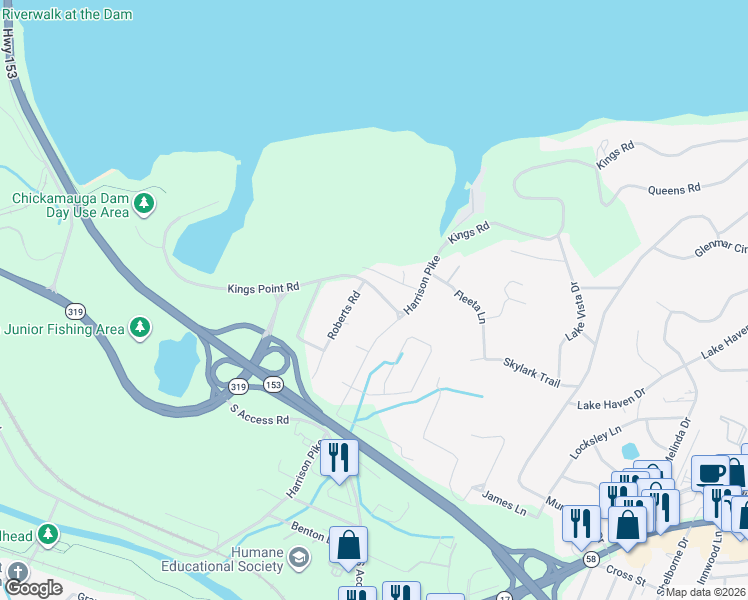 map of restaurants, bars, coffee shops, grocery stores, and more near 3208 Kings Point Road in Chattanooga