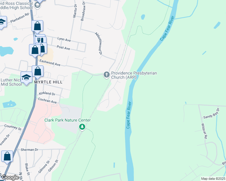 map of restaurants, bars, coffee shops, grocery stores, and more near 2720 Rivercliff Road in Fayetteville