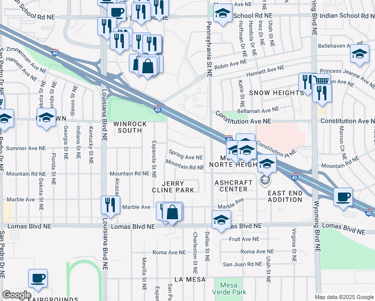 map of restaurants, bars, coffee shops, grocery stores, and more near 7700 Summer Avenue Northeast in Albuquerque