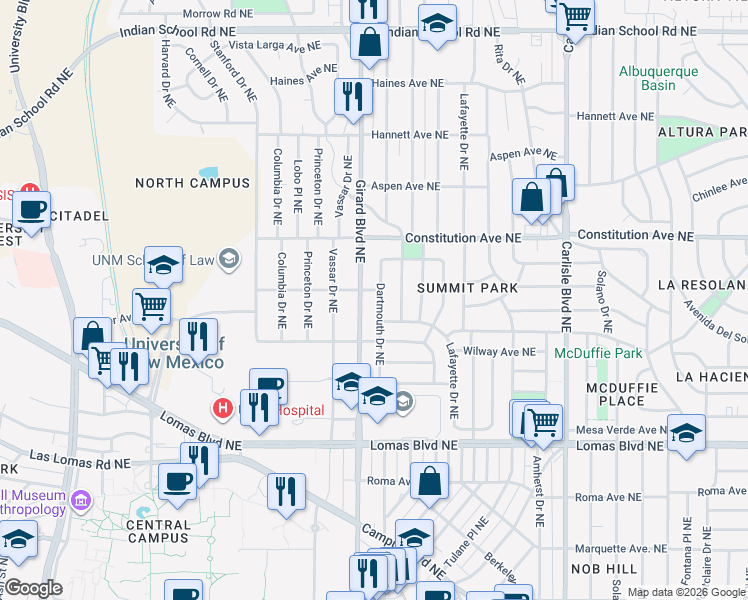 map of restaurants, bars, coffee shops, grocery stores, and more near 1029 Dartmouth Drive Northeast in Albuquerque