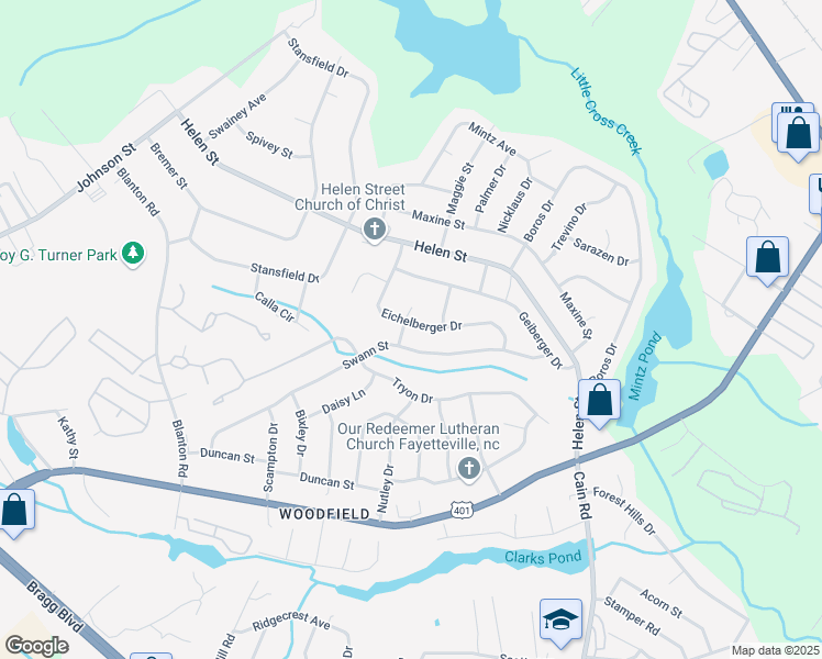 map of restaurants, bars, coffee shops, grocery stores, and more near 1839 Eichelberger Drive in Fayetteville