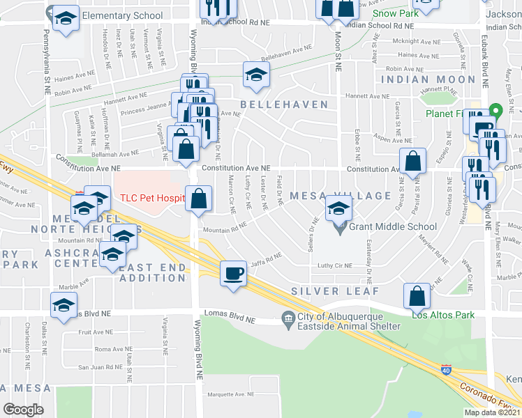 map of restaurants, bars, coffee shops, grocery stores, and more near 1205 Lester Drive Northeast in Albuquerque