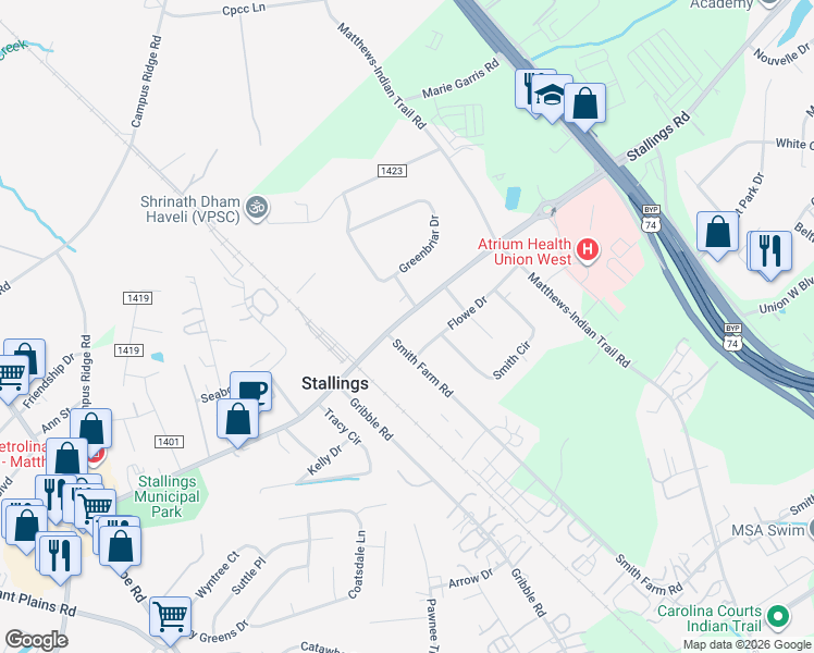 map of restaurants, bars, coffee shops, grocery stores, and more near 1142 Stallings Road in Matthews