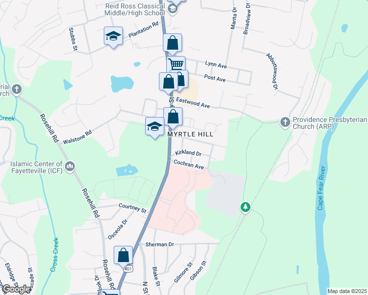 map of restaurants, bars, coffee shops, grocery stores, and more near 117 Kirkland Drive in Fayetteville