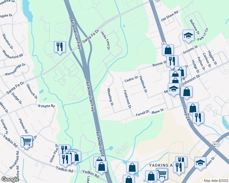 map of restaurants, bars, coffee shops, grocery stores, and more near 4981 Galveston Drive in Fayetteville
