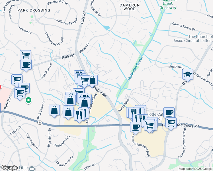 map of restaurants, bars, coffee shops, grocery stores, and more near 10301 Cedar Trail Lane in Charlotte