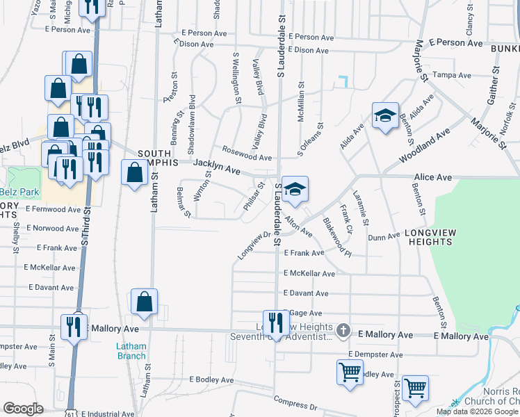 map of restaurants, bars, coffee shops, grocery stores, and more near 1998 Philsar Street in Memphis
