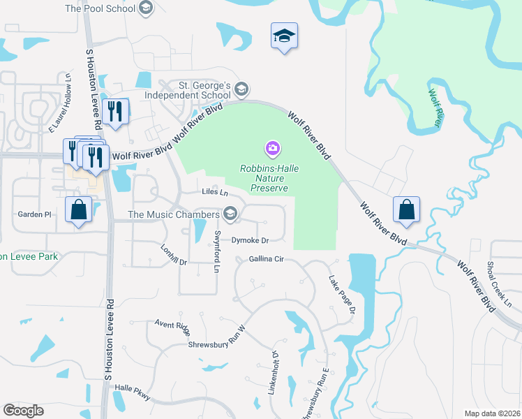 map of restaurants, bars, coffee shops, grocery stores, and more near 1775 Napier Woods Drive in Collierville
