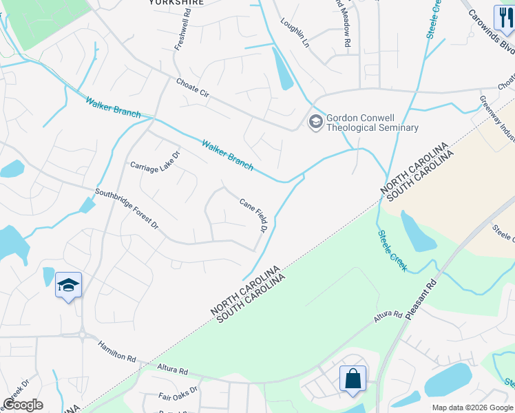 map of restaurants, bars, coffee shops, grocery stores, and more near 14831 Cane Field Drive in Charlotte