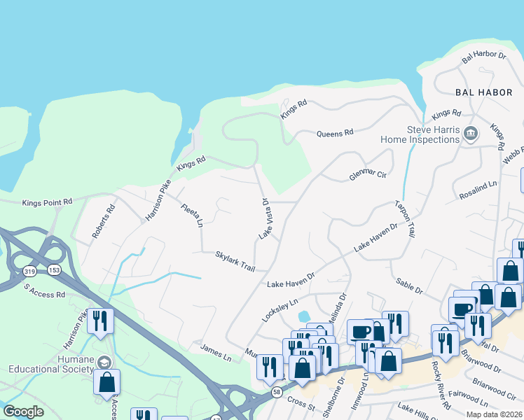 map of restaurants, bars, coffee shops, grocery stores, and more near 3706 Lake Vista Drive in Chattanooga