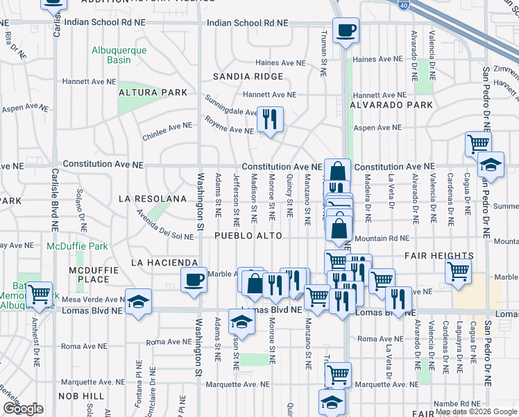 map of restaurants, bars, coffee shops, grocery stores, and more near 832 Madison Street Northeast in Albuquerque