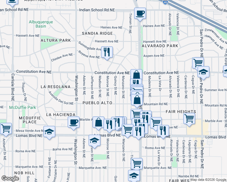 map of restaurants, bars, coffee shops, grocery stores, and more near 833 Quincy Street Northeast in Albuquerque