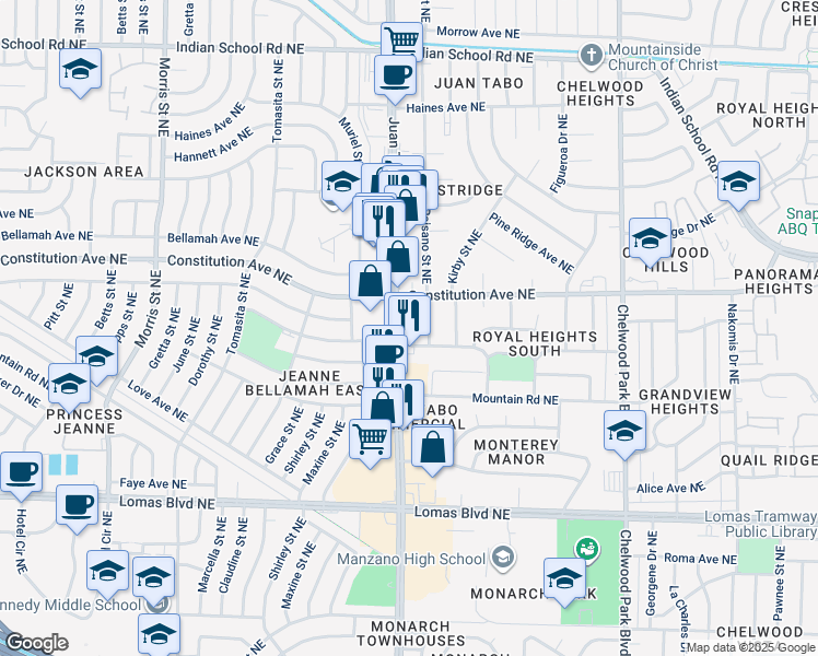 map of restaurants, bars, coffee shops, grocery stores, and more near 1214 Juan Tabo Boulevard Northeast in Albuquerque