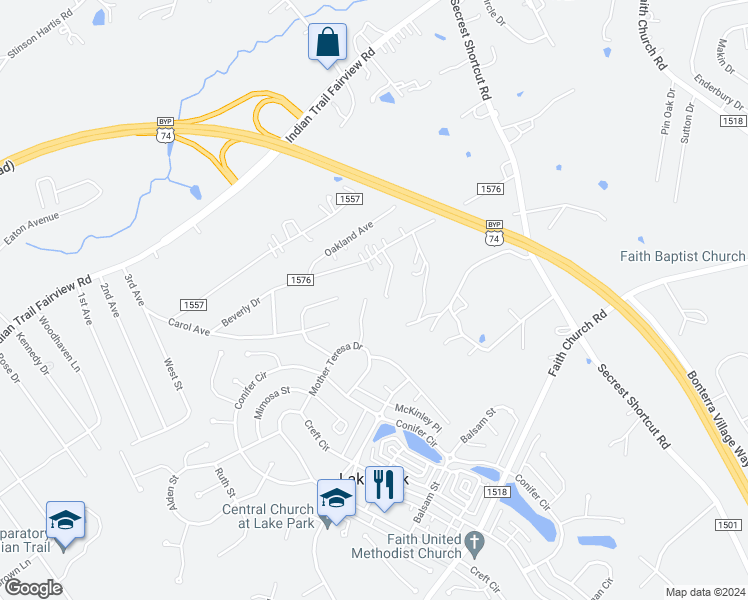 map of restaurants, bars, coffee shops, grocery stores, and more near 5614 Ginger Lane in Indian Trail