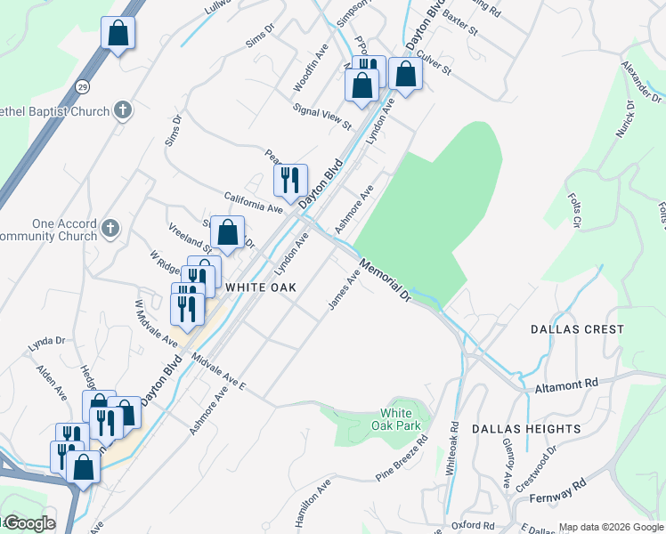 map of restaurants, bars, coffee shops, grocery stores, and more near 2228 Ashmore Avenue in Chattanooga