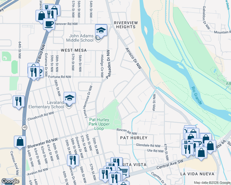 map of restaurants, bars, coffee shops, grocery stores, and more near 5160 Lomas De Atrisco Road Northwest in Albuquerque